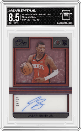 Jabari Smith Jr. from the 2022-23 Panini One and One set featuring a Blue  parallel graded by Arena Club and given an overall grade of 8.5.