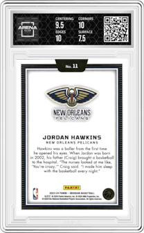 Jordan Hawkins from the 2023-24 Panini Obsidian set graded by Arena Club and given an overall grade of 8.