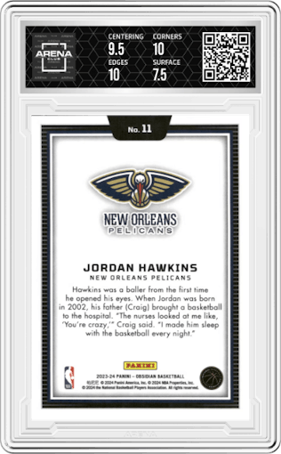 Jordan Hawkins from the 2023-24 Panini Obsidian set graded by Arena Club and given an overall grade of 8.