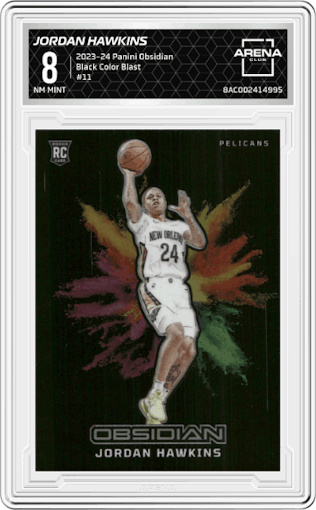 Jordan Hawkins from the 2023-24 Panini Obsidian set graded by Arena Club and given an overall grade of 8.