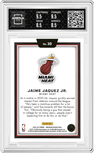 Jaime Jaquez Jr. from the 2023-24 Panini Obsidian set graded by Arena Club and given an overall grade of 9.