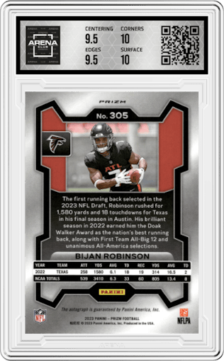 Bijan Robinson from the 2023 Panini Prizm set featuring a No Huddle parallel graded by Arena Club and given an overall grade of 10.