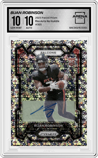 Bijan Robinson from the 2023 Panini Prizm set featuring a No Huddle parallel graded by Arena Club and given an overall grade of 10.