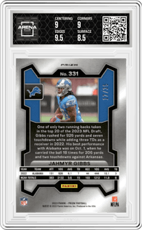 Jahmyr Gibbs from the 2023 Panini Prizm set featuring a No Huddle Purple parallel graded by Arena Club and given an overall grade of 9.