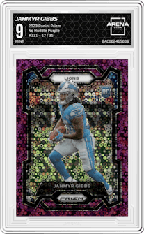 Jahmyr Gibbs from the 2023 Panini Prizm set featuring a No Huddle Purple parallel graded by Arena Club and given an overall grade of 9.