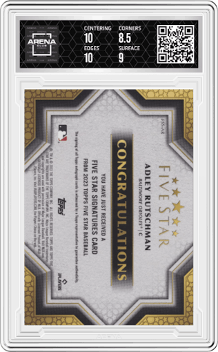 Adley Rutschman from the 2023 Topps Five Star set graded by Arena Club and given an overall grade of 9.