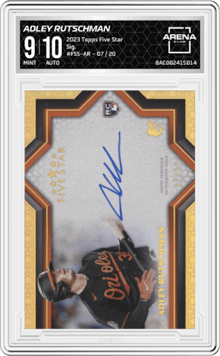 Adley Rutschman from the 2023 Topps Five Star set graded by Arena Club and given an overall grade of 9.