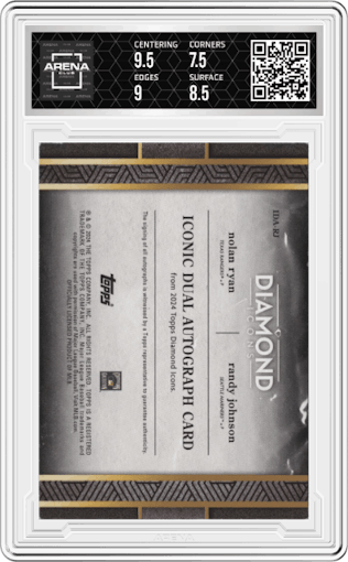 Nolan Ryan/Randy Johnson from the 2024 Topps Diamond Icons set graded by Arena Club and given an overall grade of 8.