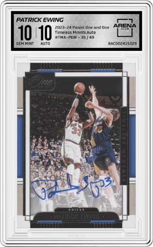 Patrick Ewing from the 2023-24 Panini One and One set graded by Arena Club and given an overall grade of 10.