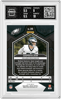 Cooper DeJean from the 2024 Panini Mosaic set featuring a Orange parallel graded by Arena Club and given an overall grade of 9.5.