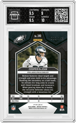 Cooper DeJean from the 2024 Panini Mosaic set featuring a Orange parallel graded by Arena Club and given an overall grade of 9.5.