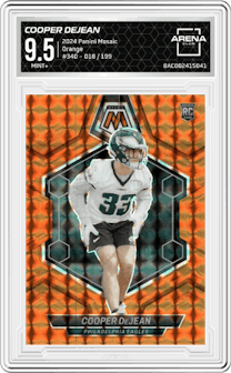 Cooper DeJean from the 2024 Panini Mosaic set featuring a Orange parallel graded by Arena Club and given an overall grade of 9.5.