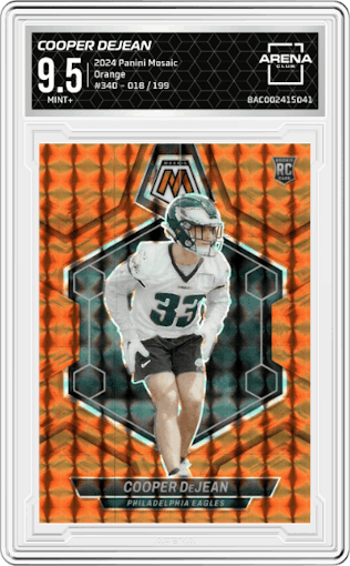 Cooper DeJean from the 2024 Panini Mosaic set featuring a Orange parallel graded by Arena Club and given an overall grade of 9.5.
