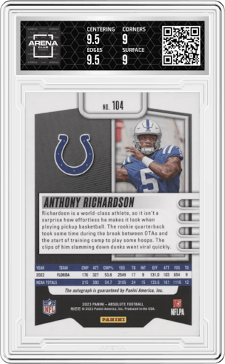Anthony Richardson from the 2023 Panini Absolute set graded by Arena Club and given an overall grade of 9.5.