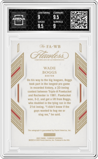 Wade Boggs from the 2023 Panini Flawless set graded by Arena Club and given an overall grade of 9.5.