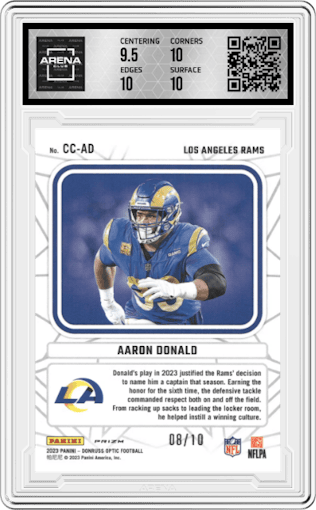 Aaron Donald from the 2023 Donruss Optic set featuring a Gold parallel graded by Arena Club and given an overall grade of 10.