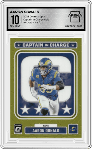 Aaron Donald from the 2023 Donruss Optic set featuring a Gold parallel graded by Arena Club and given an overall grade of 10.