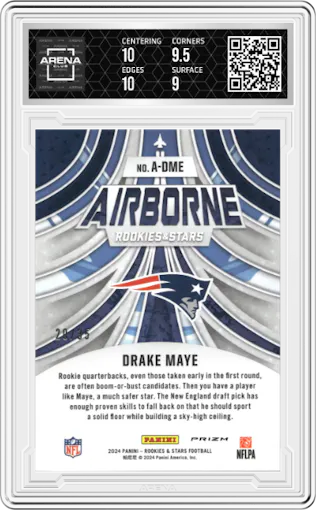 Drake Maye from the 2024 Panini Rookies & Stars set featuring a Purple parallel graded by Arena Club and given an overall grade of 9.5.