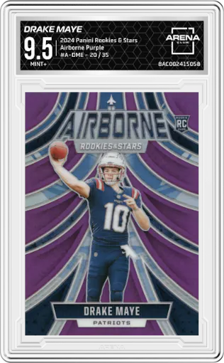 Drake Maye from the 2024 Panini Rookies & Stars set featuring a Purple parallel graded by Arena Club and given an overall grade of 9.5.
