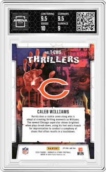 Caleb Williams from the 2024 Panini Rookies & Stars set featuring a Orange parallel graded by Arena Club and given an overall grade of 9.5.