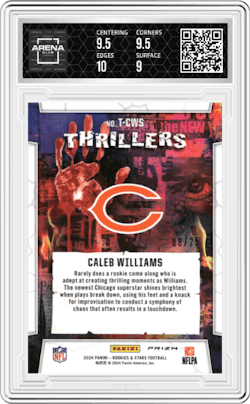 Caleb Williams from the 2024 Panini Rookies & Stars set featuring a Orange parallel and given an overall grade of 9.5.