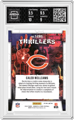 Caleb Williams from the 2024 Panini Rookies & Stars set featuring a Orange parallel graded by Arena Club and given an overall grade of 9.5.