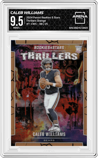 Caleb Williams from the 2024 Panini Rookies & Stars set featuring a Orange parallel graded by Arena Club and given an overall grade of 9.5.