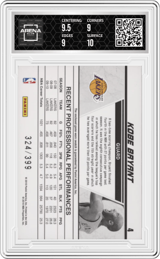 Kobe Bryant from the 2010-11 Donruss set graded by Arena Club and given an overall grade of 9.5.