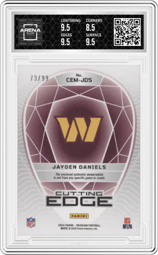 Jayden Daniels from the 2024 Panini Obsidian set featuring a Silver parallel graded by Arena Club and given an overall grade of 9.