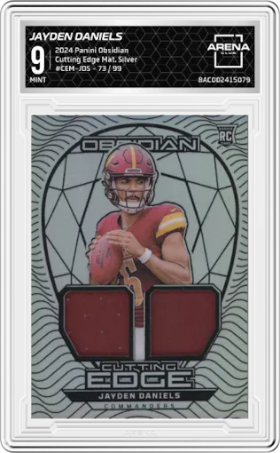 Jayden Daniels from the 2024 Panini Obsidian set featuring a Silver parallel graded by Arena Club and given an overall grade of 9.