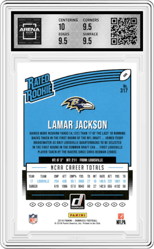 Lamar Jackson from the 2018 Panini Donruss set graded by Arena Club and given an overall grade of 10.