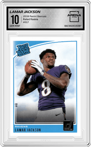 Lamar Jackson from the 2018 Panini Donruss set graded by Arena Club and given an overall grade of 10.