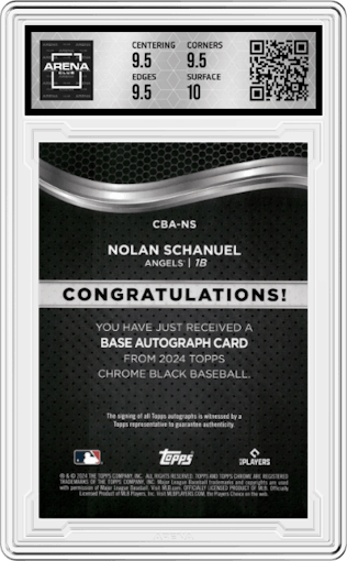 Nolan Schanuel from the  2024 Topps Chrome Black set featuring a Gold Mini-Diamond Refractors parallel graded by Arena Club and given an overall grade of 10.