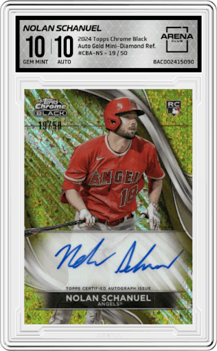 Nolan Schanuel from the  2024 Topps Chrome Black set featuring a Gold Mini-Diamond Refractors parallel graded by Arena Club and given an overall grade of 10.
