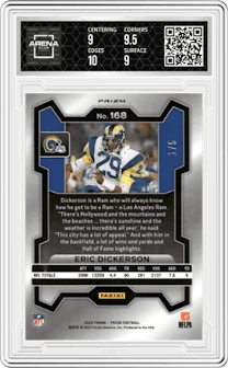 Eric Dickerson from the 2023 Panini Prizm set featuring a  No Huddle Neon Green  parallel graded by Arena Club and given an overall grade of 9.5.