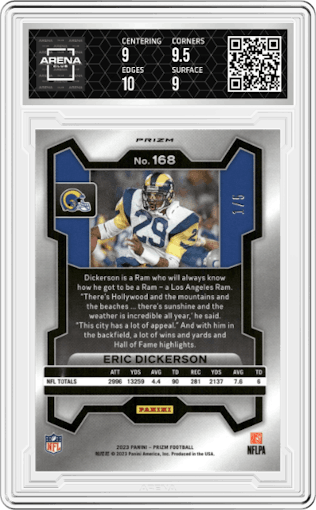 Eric Dickerson from the 2023 Panini Prizm set featuring a  No Huddle Neon Green  parallel graded by Arena Club and given an overall grade of 9.5.
