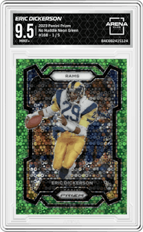 Eric Dickerson from the 2023 Panini Prizm set featuring a  No Huddle Neon Green  parallel graded by Arena Club and given an overall grade of 9.5.