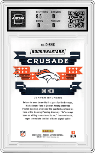 Bo Nix from the 2024 Panini Rookies & Stars set featuring a Purple parallel graded by Arena Club and given an overall grade of 10.