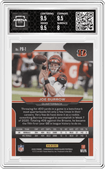 Joe Burrow from the 2020 Panini Chronicles set graded by Arena Club and given an overall grade of 8.5.