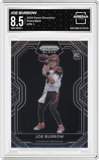 Joe Burrow from the 2020 Panini Chronicles set graded by Arena Club and given an overall grade of 8.5.