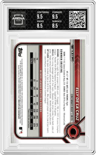 Elly De La Cruz from the 2022 Bowman Mega Box set graded by Arena Club and given an overall grade of 9.