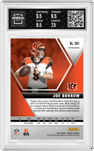 Joe Burrow from the 2020 Panini Mosaic set featuring a Silver parallel graded by Arena Club and given an overall grade of 8.