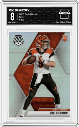 Joe Burrow from the 2020 Panini Mosaic set featuring a Silver parallel graded by Arena Club and given an overall grade of 8.
