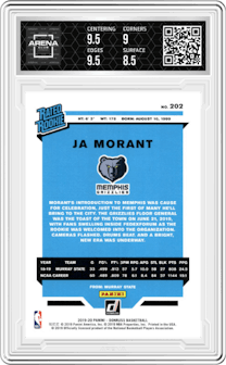 Ja Morant from the 2019-20 Panini Donruss set graded by Arena Club and given an overall grade of 9.