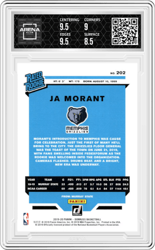 Ja Morant from the 2019-20 Panini Donruss set graded by Arena Club and given an overall grade of 9.
