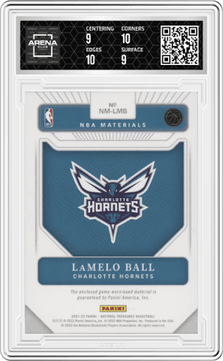 LaMelo Ball from the 2021-22 Panini National Treasures set featuring a Prime parallel graded by Arena Club and given an overall grade of 9.5.