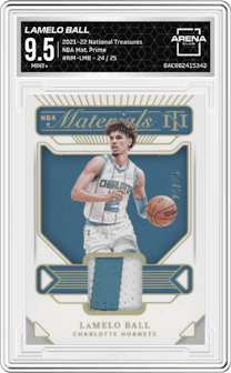 LaMelo Ball from the 2021-22 Panini National Treasures set featuring a Prime parallel graded by Arena Club and given an overall grade of 9.5.