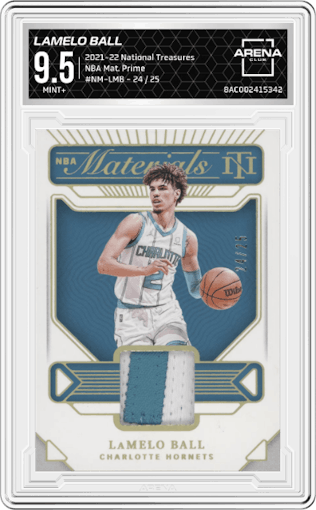 LaMelo Ball from the 2021-22 Panini National Treasures set featuring a Prime parallel graded by Arena Club and given an overall grade of 9.5.