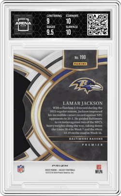 Lamar Jackson from the 2023 Panini Select set featuring a Die-Cut Zebra parallel and given an overall grade of 9.5.