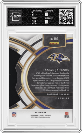Lamar Jackson from the 2023 Panini Select set featuring a Die-Cut Zebra parallel graded by Arena Club and given an overall grade of 9.5.